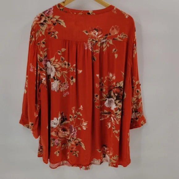 Torrid Harper Blouse Size 3X Dark Coral Floral 3/4 Sleeve Button Down - Picture 7 of 10